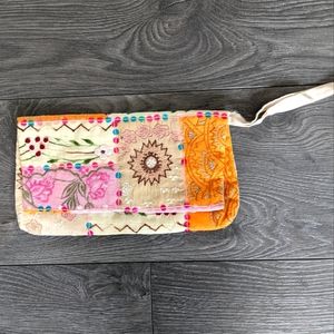 Boho Patchwork Embroidered Fabric Clutch Sequins Orange Pink Cream